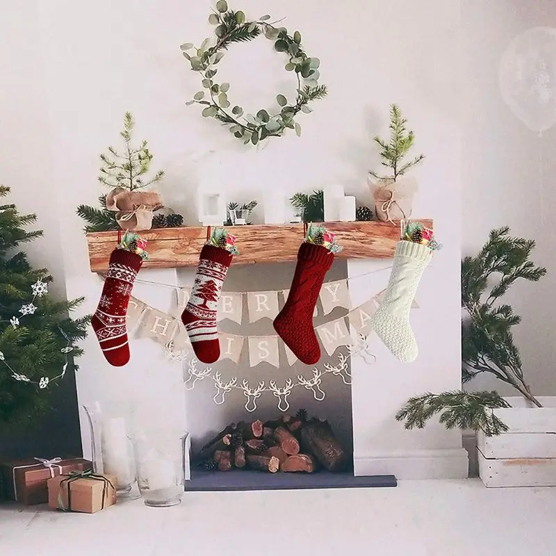 4Pcs Christmas Hanging Sock Classic Gift Filler Decoration Ornament Candy Bag