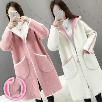 

Women Winter Faux Mink Fur Cardigan Coat Female Long Hooded Knitted Outercoat Ladies Casual Patchwork Sweater Overcoat Z151