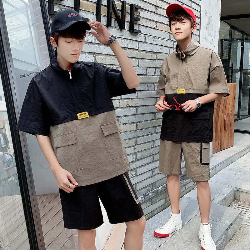 

New Style Summer Men's Short Shorts Set Loose Short Sleeve T-shirt Stand Collar Half Sleeve Two-Piece Casual Korean-style