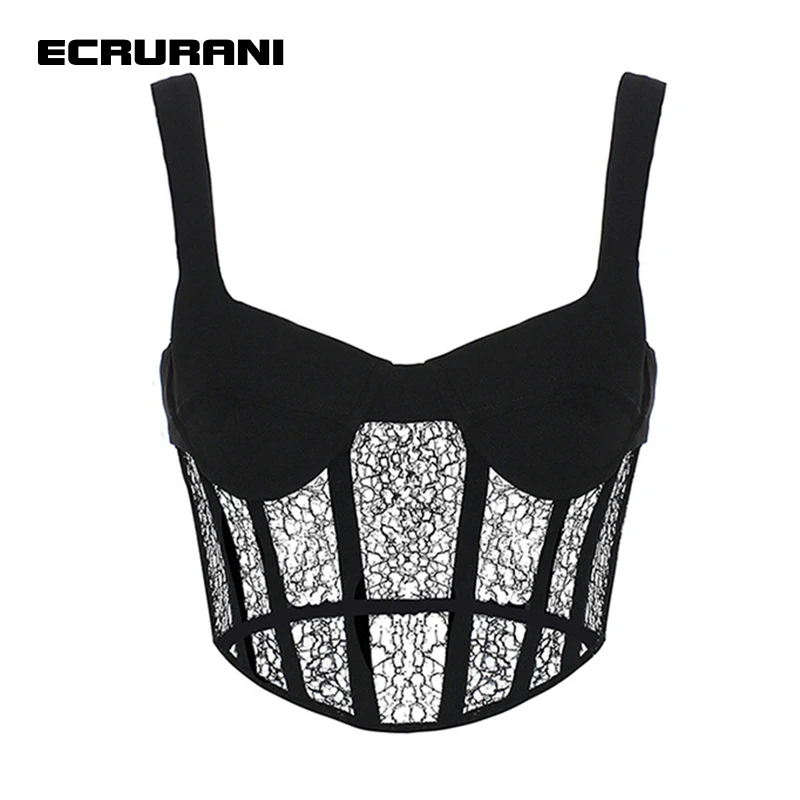 

ECRURANI Patchwork Lace Sexy Vests For Female Square Collar Sleeveless Backless High Waist Slimming Tank Tops Female Summer 2022