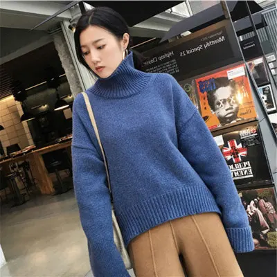 Navy blue Женская трикотажная одежда с высоким воротом, новинка, повседневный Модный женский короткий тонкий пуловер в Корейском стиле, женские свитера, вязаные водолазки - Цвет: Navy blue