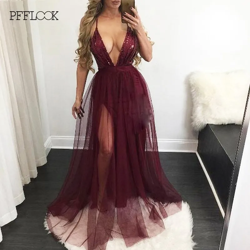 PFFLOOK Mesh Sequin Sexy Maxi Dress Women Deep V Neck Cross Back Backless Long Dress Elegant Sleeveless Solid Summer Party Dress