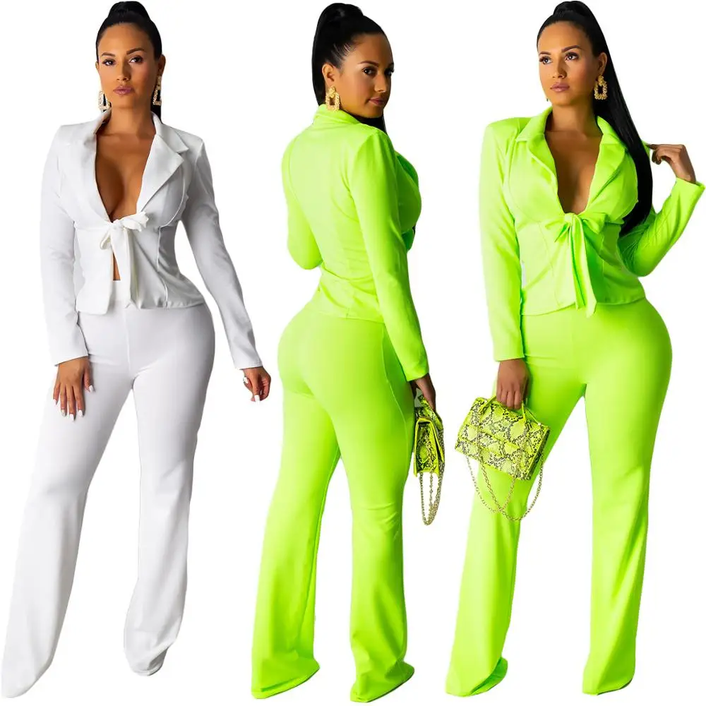 

Solid Women Pants Suits Elegant OL Two Pieces Outfits Autumn Long Sleeves Coat and Long Pants Fashion Women Sets 2020