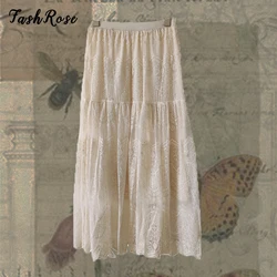FASHROSE Mesh Lace Floral Vintage Pleated Skirt Grunge Fairycore Aesthetic Three Layers Long A-line Maxi Skirts 90s Mori Girl