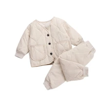 Зимнее плотное пальто с длинными рукавами для маленьких мальчиков и девочек, верхняя одежда Топы+ теплые штаны брючный костюм, комплект для маленьких мальчиков, милая блузка, комплекты со штанами