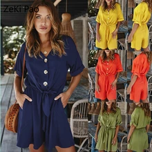 Buttons V-neck Casual Female Jumpsuit Female Belt Solid Office Ladies Jumpsuit Jumpsuit Women Short Retro Autumn Overalls