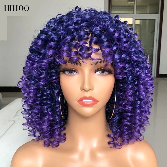 Afro Kinky Curly Wig With Bangs Short Synthetic Wigs For Black Women Omber Brown Blonde Glueless Cosplay Hair High Temperature lz