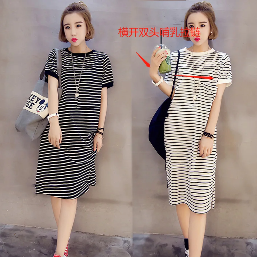 

Net Price Lactation Garment Nursing 2019 Summer New Style Mid-length Short Sleeve Striped Large Size Feeding Dress