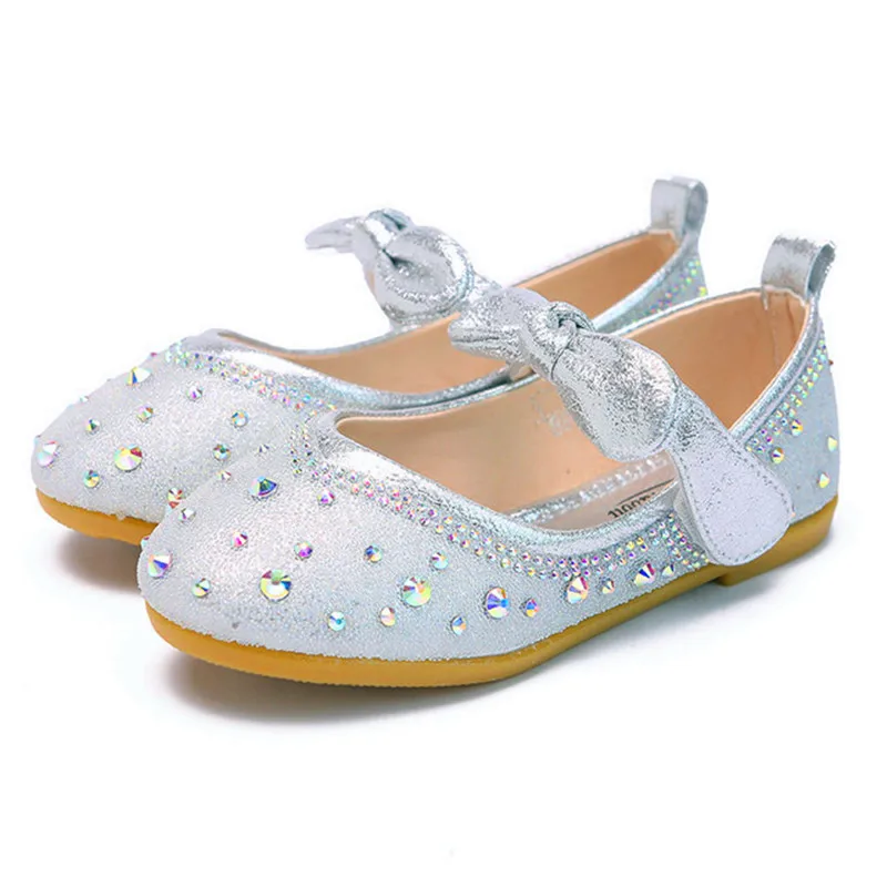 

Girls Princess Shoes Little Girls Catwalk Children's Shoes Flash Diamond Kids Show Dress Princess Silver Crystal Leather Shoes