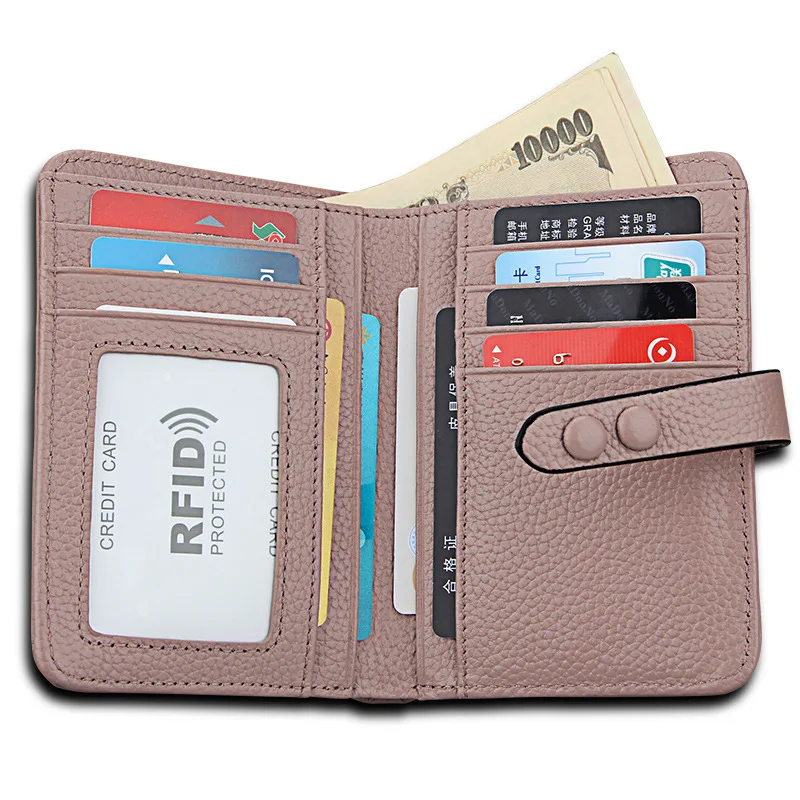 

Retro Genuine Leather Women Purse Fashion Travel ID Card Cover Holder RFID Cards Organizer Top Layer Litchi Cowhide Wallet