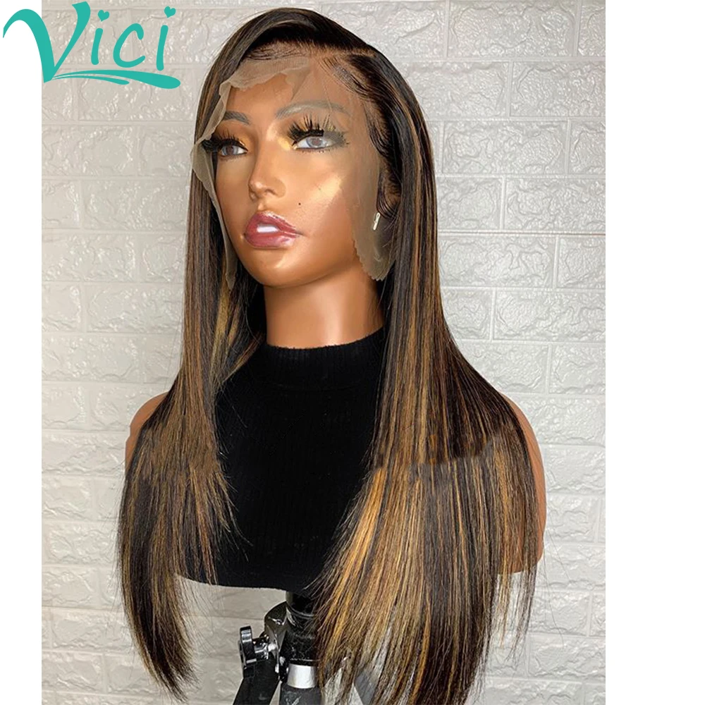 

360 Straight Lace Frontal Wig Ombre Honey Blonde Highlight Human Hair Wig Preplucked Bleached Knots Wigs Natural Hairline Indian