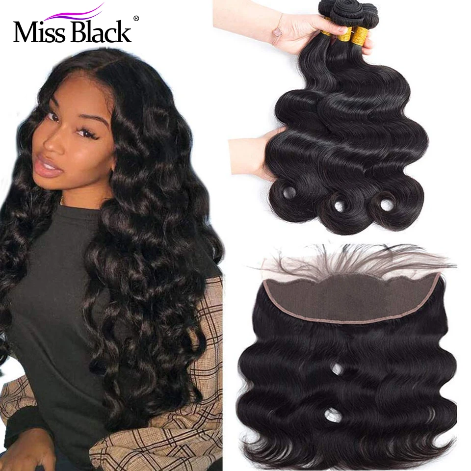 Miss-extensiones de pelo ondulado brasileño, cabello humano ondulado con Frontal Deal, 13x4, cierre Frontal de malla suizo con mechones, color negro