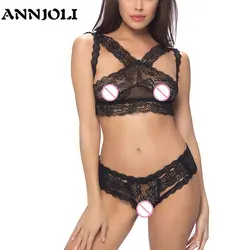 ANNJOLI популярный женский сексуальный комплект кружевного нижнего белья с вырезом V комплект бюстгальтера и трусиков на бретельках сзади
