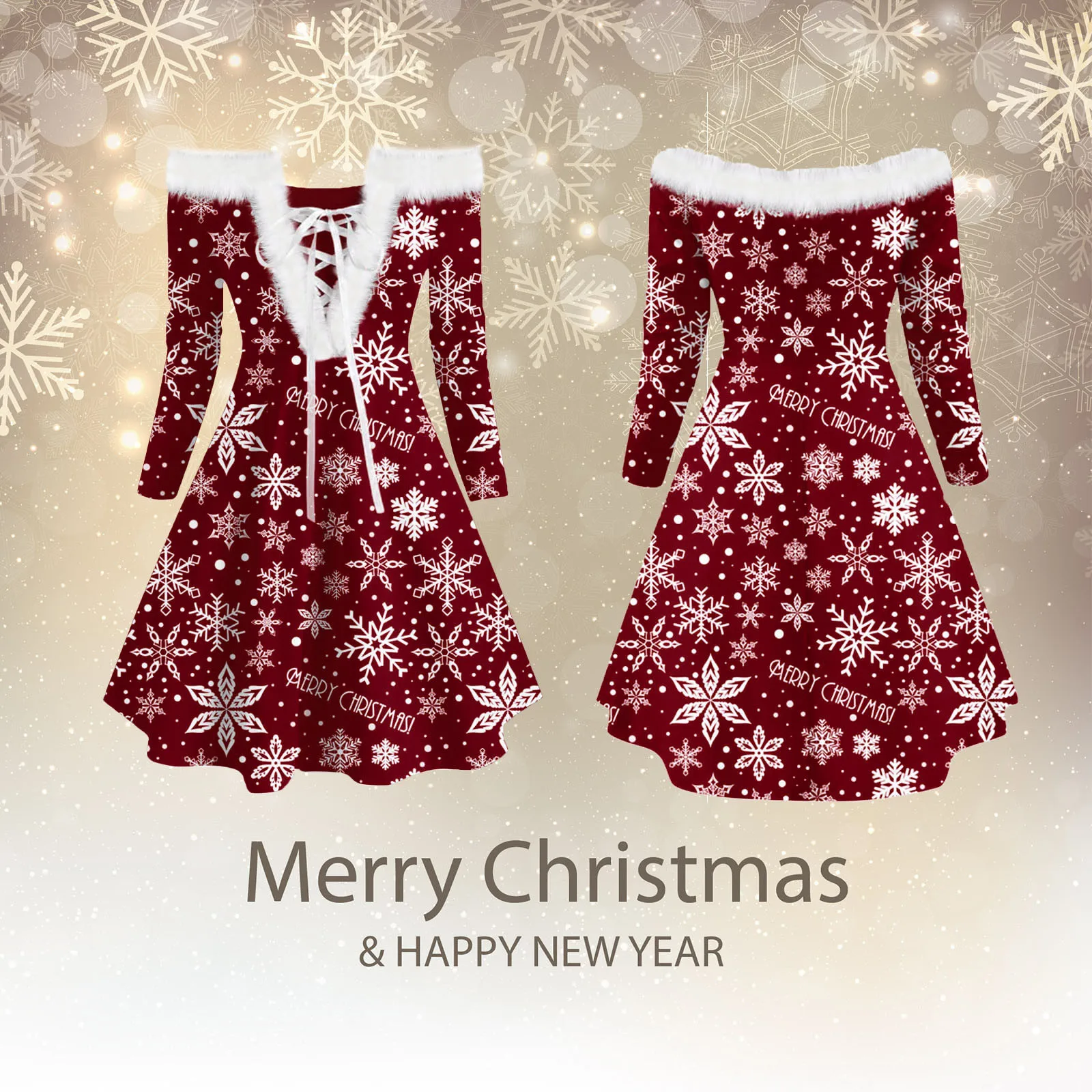 Christmas Dresses for Women Plus Size Cute Santa Print Faux-Plush Splicing Long Sleeve V-Neck Asymmetrical Party Dress 