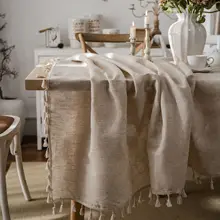 Polyester and Linen Plain Tablecloth With Tassels Round Table Dining Table Household Rectangular Table Cloth