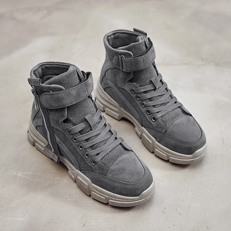 

2019 Autumn And Winter New Style Women's Mid-top Martin Boots Cool Thick Bottomed Side Zipper Magic Buckle Canvas Shoes England