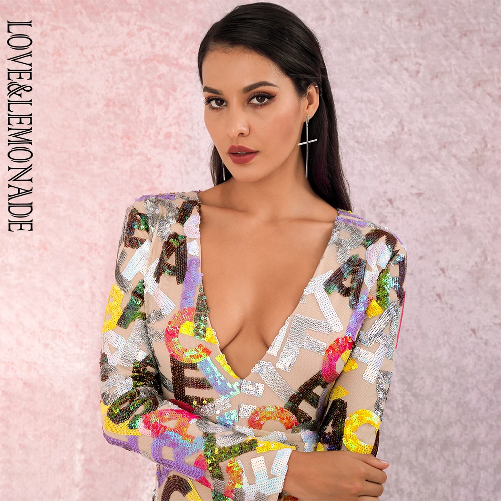 LOVE&LEMONADE, сексуальное, с глубоким v-образным вырезом, с вырезами, с буквенным принтом, с блестками, облегающее, с длинными рукавами, вечерние, мини-платья LM82121