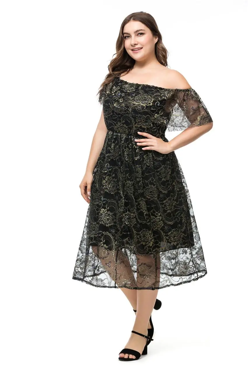 Plus Size Off Shoulder Lace Evening Party Dress 5XL 6XL Slash Neck Women Casual Floral Dress Black Large Size Tunic Long Dresses