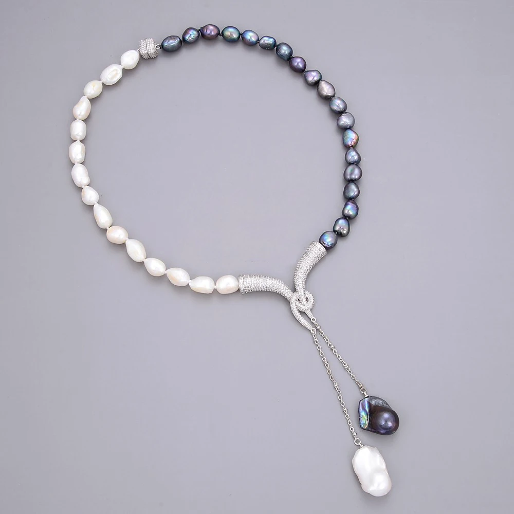 

19" Natural Black White Keshi Baroque Pearl Necklace Baroque Pearl CZ Paved Pendant