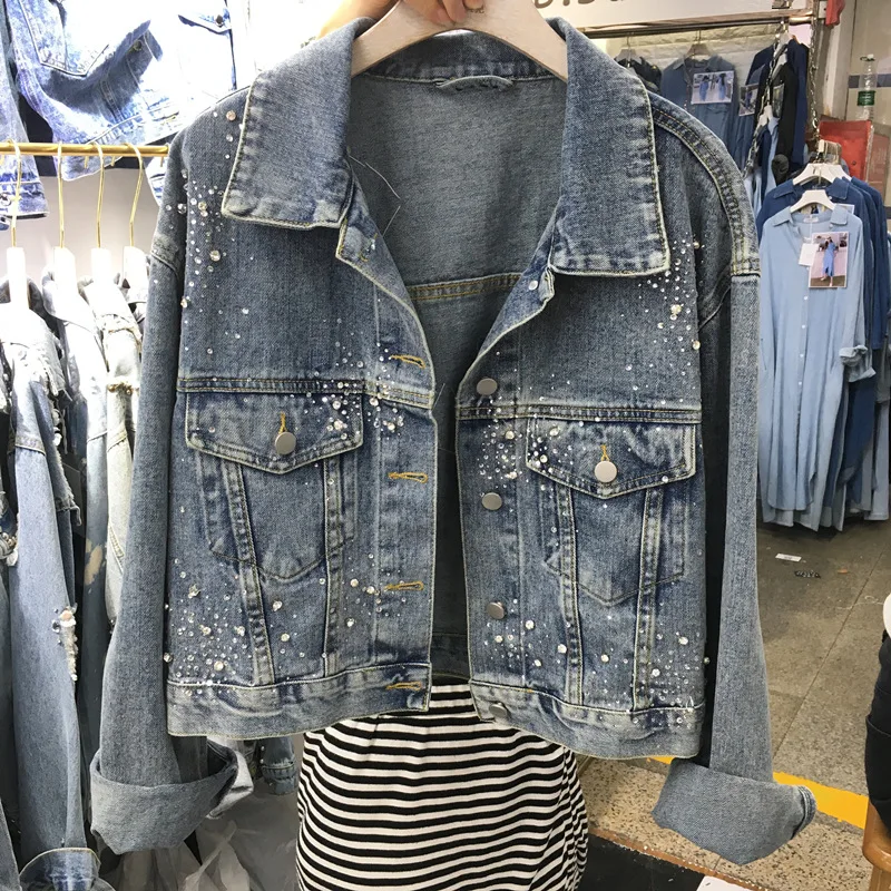 

Industrial Cowboy Short Jacket Women's 2019 Spring And Autumn New Style Korean-style Loose-Fit Slimming Sequin Hot Drilling Long