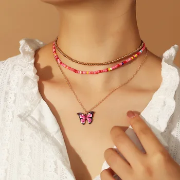 

NZ1797 Ornament Hipster Color Bead Choker Necklace Versitile Fashion Butterfly Necklace