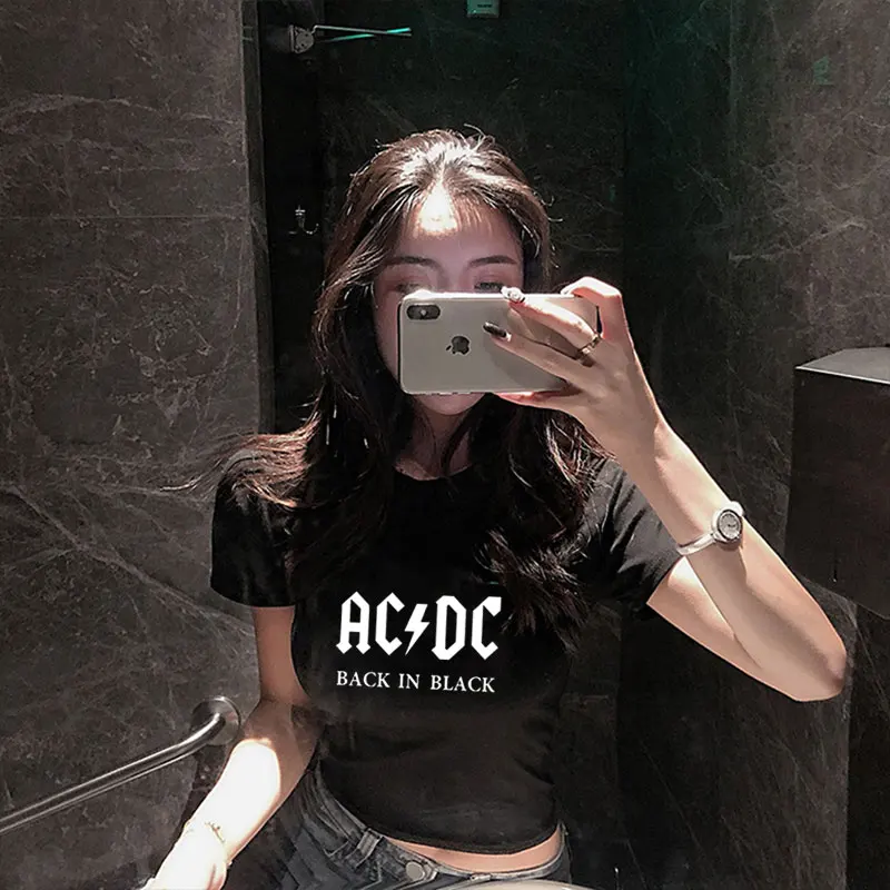 AC/DC Группа Футболка в стиле рок женские ACDC Письмо Печатные Графические футболки хип хоп Рэп музыка короткий рукав пикантные Топы Футболка