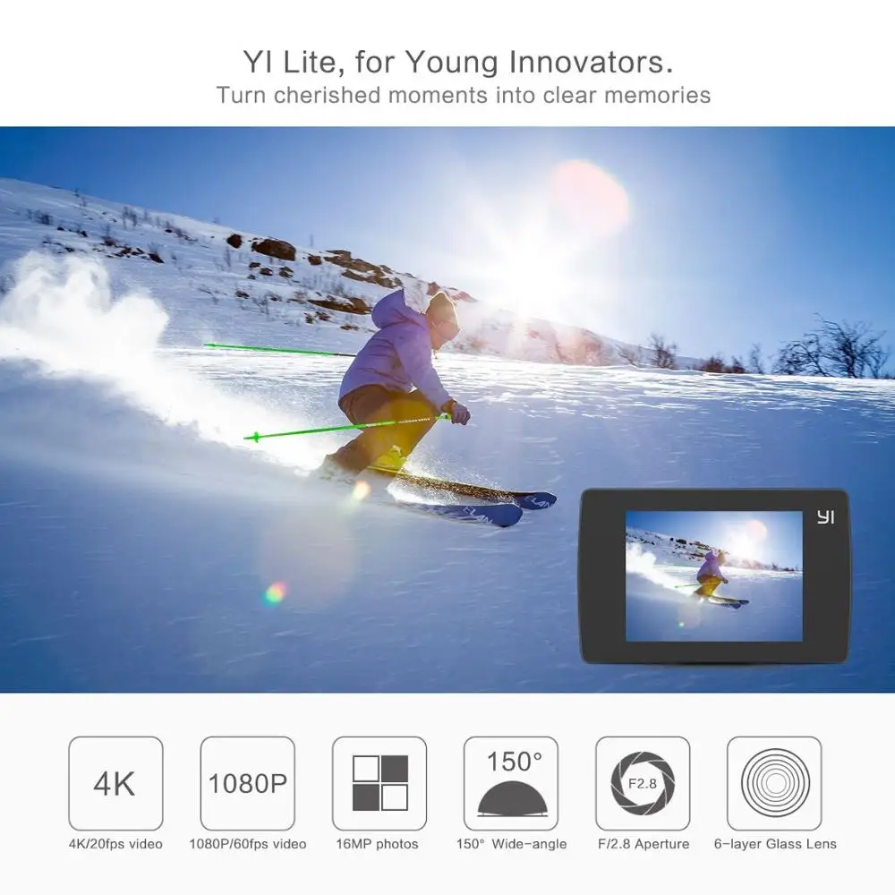 YI Lite экшн Камера 16MP настоящий 4K спортивные Камера со встроенным WI-FI 2 дюймов ЖК-дисплей Экран 150 градусов Широкий формат линзы черного цвета