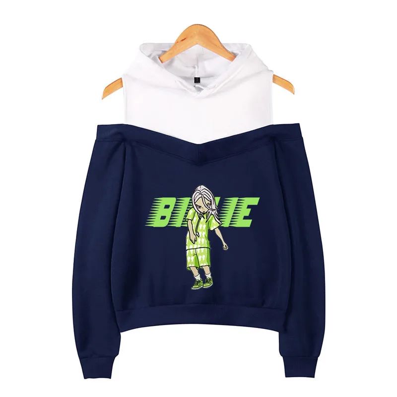 blue - style 1 Billie Eilish толстовка с капюшоном, с длинным рукавом, Мягкая Белая, простая, в стиле хип-хоп, для женщин, Harajuku, с открытыми плечами, имитация двух частей, сексуальная, с капюшоном - Цвет: blue - style 1