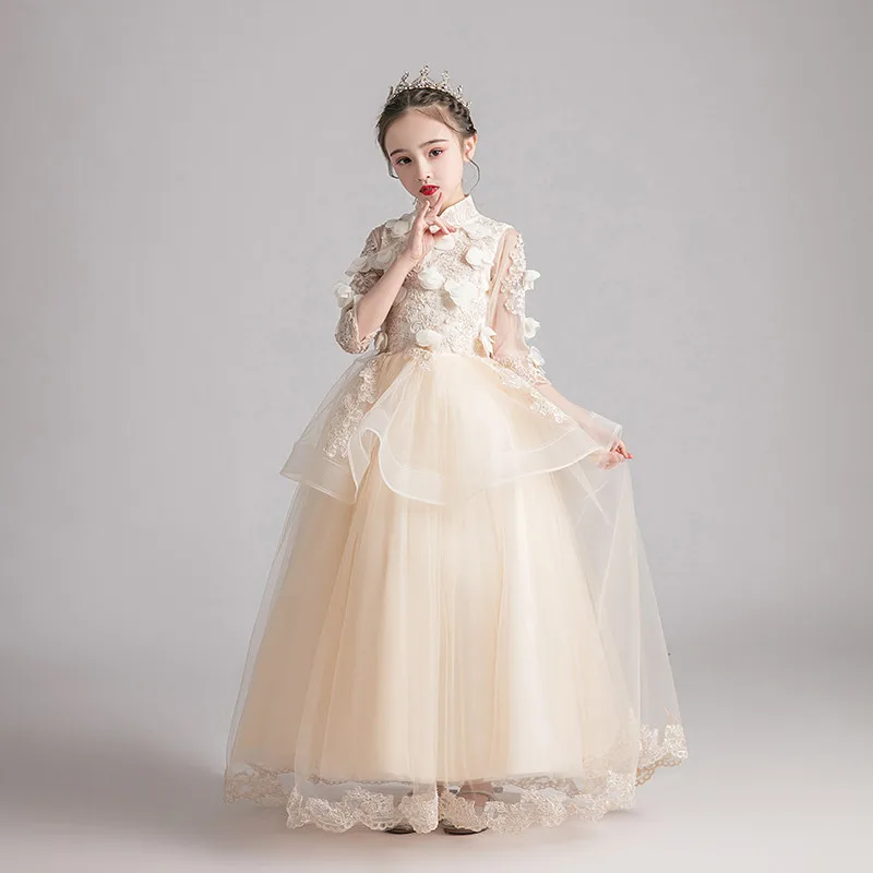 Роскошное Новое Детское Сетчатое платье принцессы с цветочной аппликацией на свадьбу, день рождения, вечеринку Детские элегантные костюмы, платье
