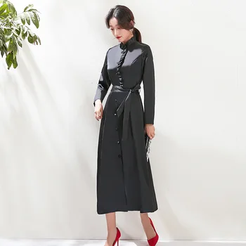 

2020 spring new women's retro temperament long dress lace stand collar long sleeve straps slim long dress women