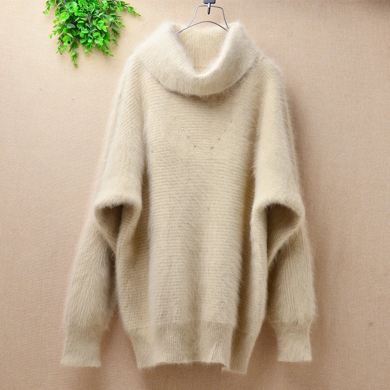 Top mujer ladies angora rabbit fur turtleneck long sleeves mink cashmere perfect sweaters loose basic pullover sweater coat raw angora fur fashion gril