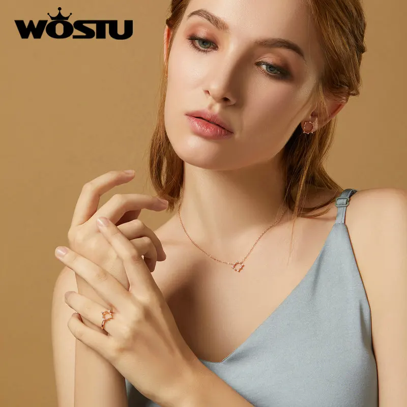 WOSTU Аутентичные 925 пробы серебряные блестящие геометрические счастливые ювелирные изделия набор ожерелье серьги и открытие кольцо для женщин делая подарок