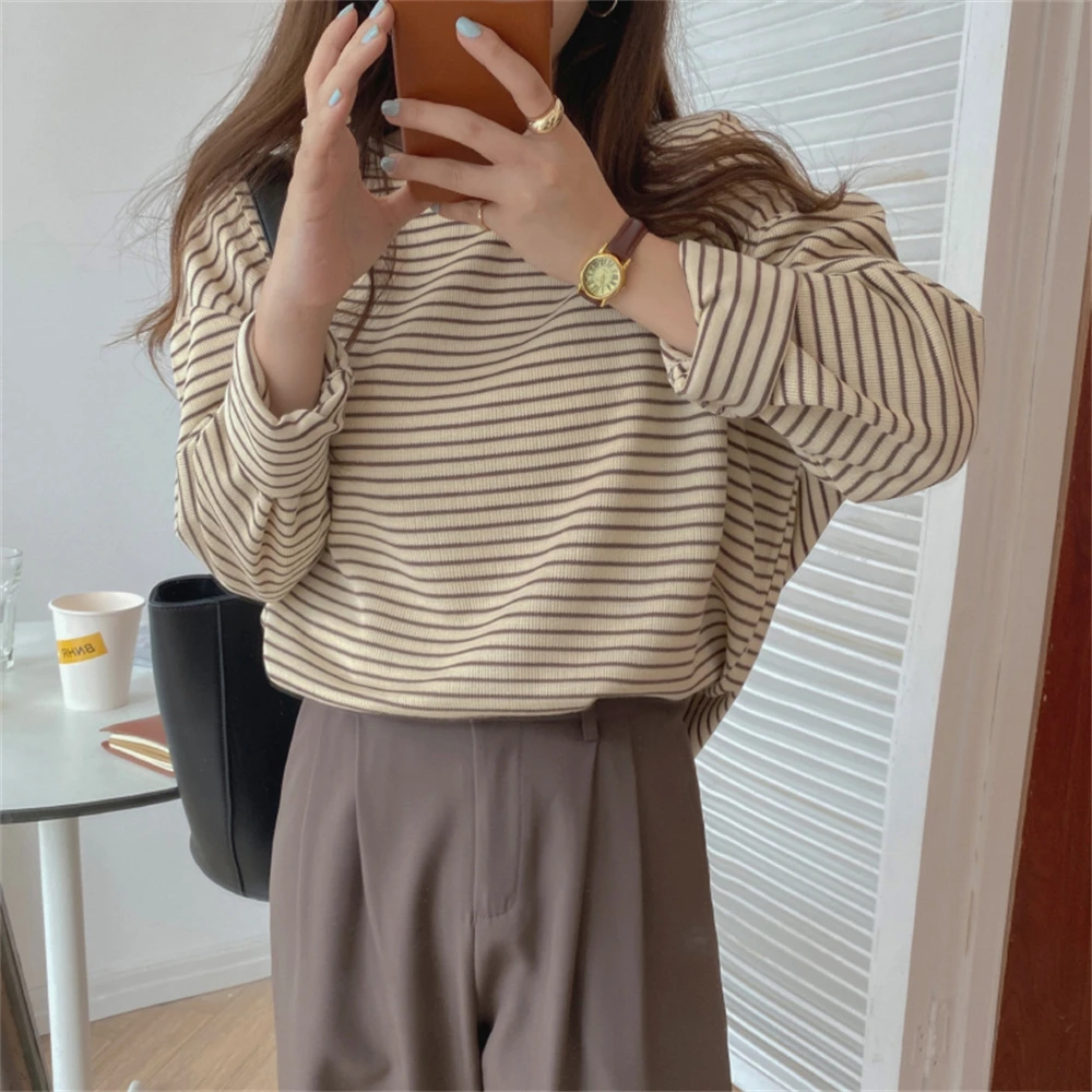 Alien Kitty Coffee Stripes Cotton T-Shirts Women Loose-Fitting Autumn 2021 Hot Sale Lady Casual Full Sleeve Chic All Match Tops oversized t shirt women Tees