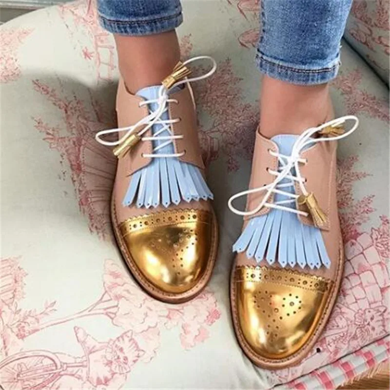 New Women Soft Leather Oxfords Shoes Hand-made Leisure Lace-up Brogues Wingtips Shoes For Ladies Caved Tassel Flats