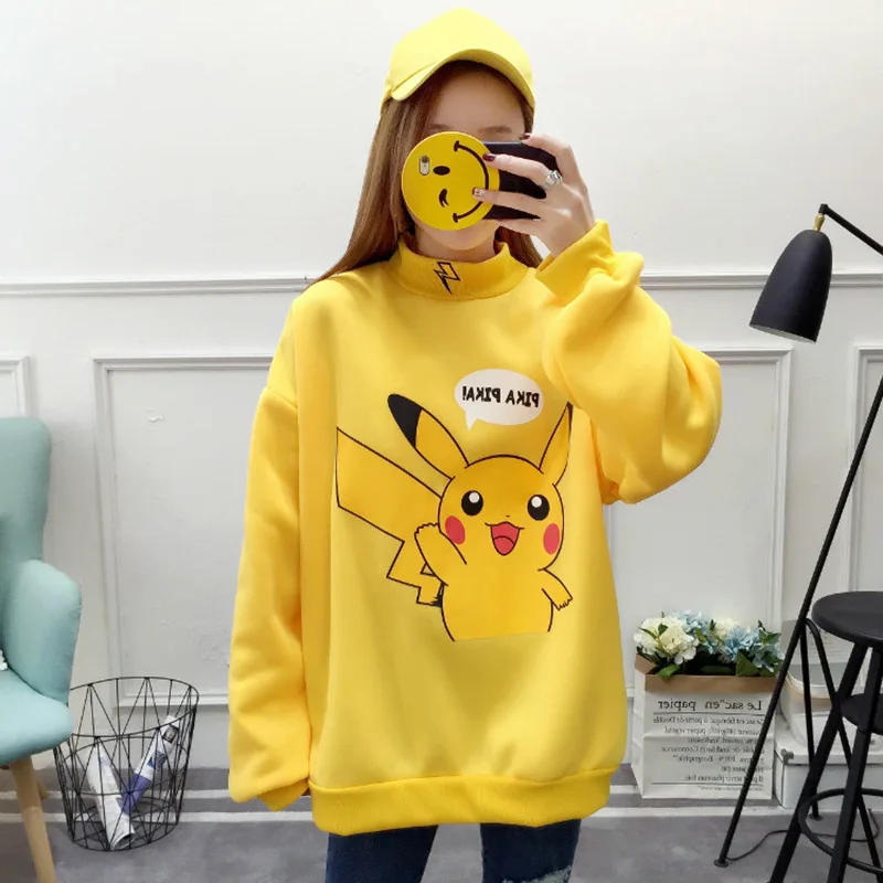 

Turtleneck Pikachu Print Hoodies Women Autumn Winter Sweatshirts Harajuku Kawaii Tops Cartoon Pokemon Couples Pullover 2019 V595
