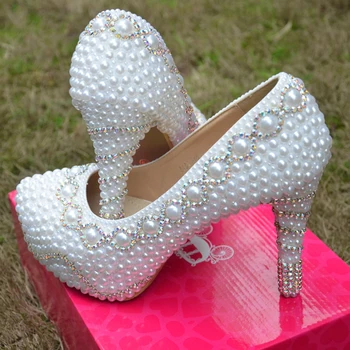 

2020 White Sparkling Full pearls Beaded High-heeled Bridesmaid Crystal Diamond Bridal Shoes for Wedding Party Prom Pageant Event