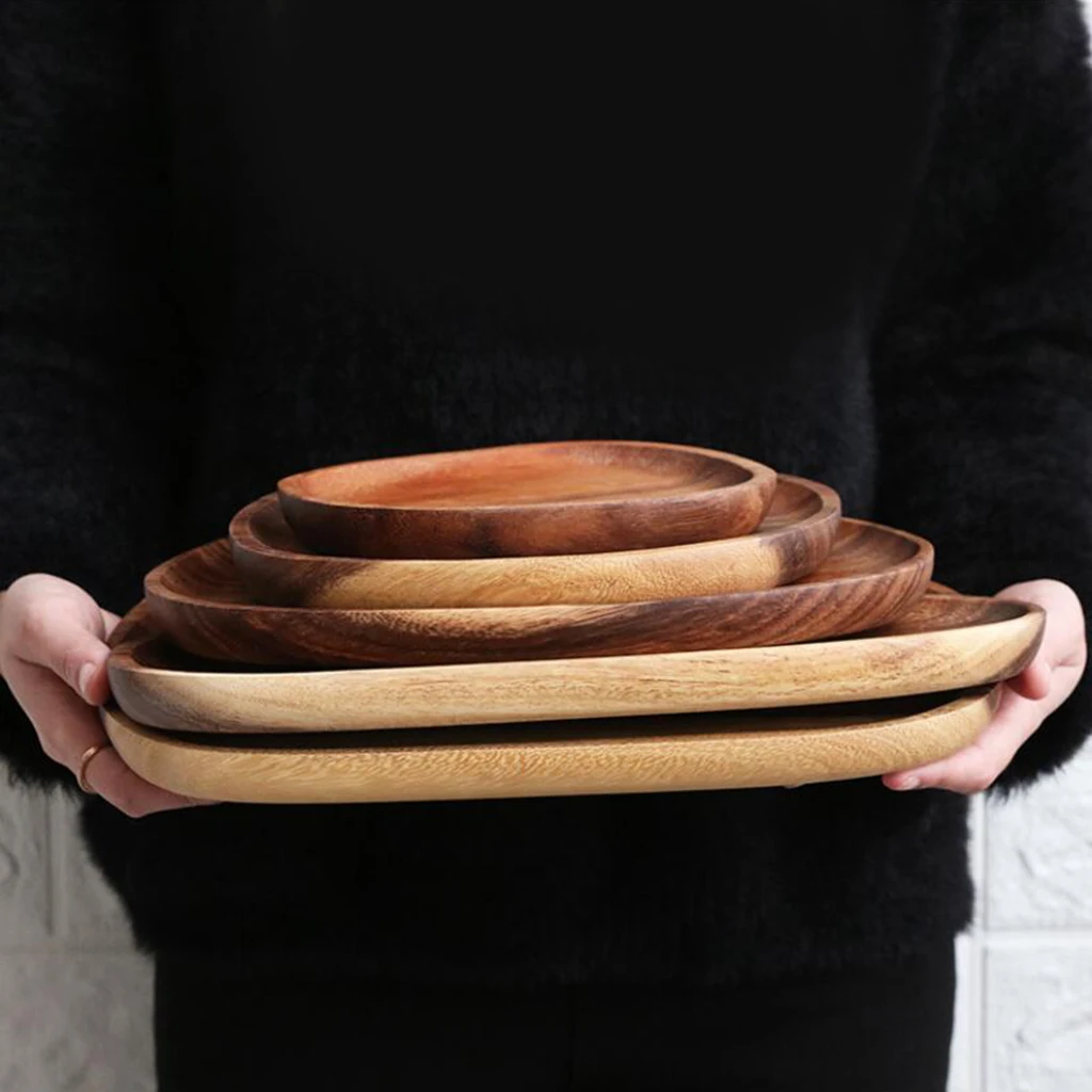 Acacia Wooden Plate Food Nuts Dessert Serving Tray Kitchen Tableware
