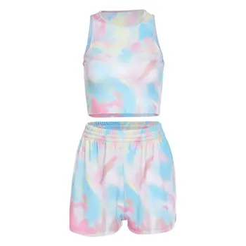 

Multicolored Tie-Dye Print Tracksuit Sleeveless Cropped Tank Top High Waist Split Slim Shorts Two Piece Outfits Set Sportwear