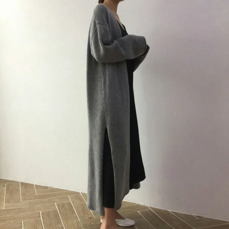 Хлопковый однотонный длинный кардиган с длинным рукавом, вязаный свитер для женщин, открытая строчка, Повседневный свитер для женщин, Осень-зима, свободный 1008