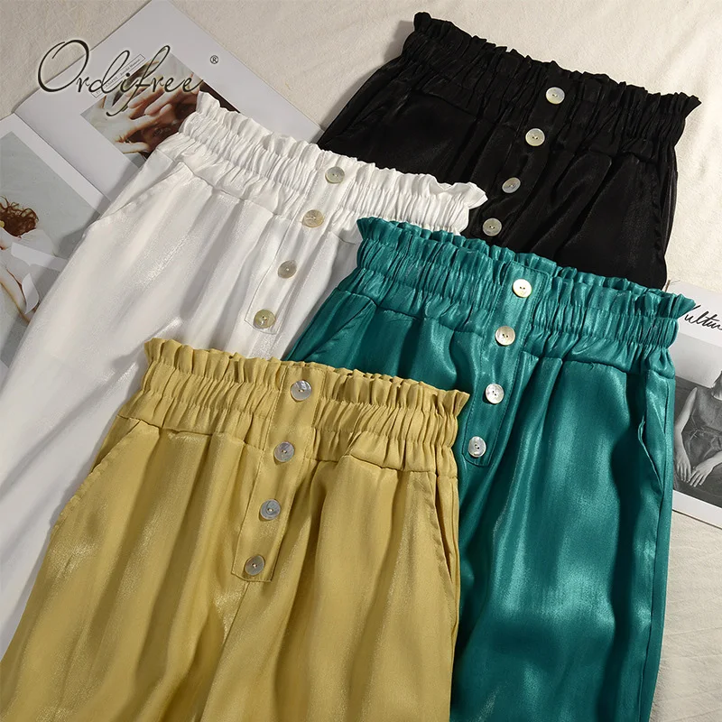 

Ordifree 2019 Summer Women Wide Leg Pants High Waist Elastic Satin Casual Loose Trousers Thin Pants Plus Size