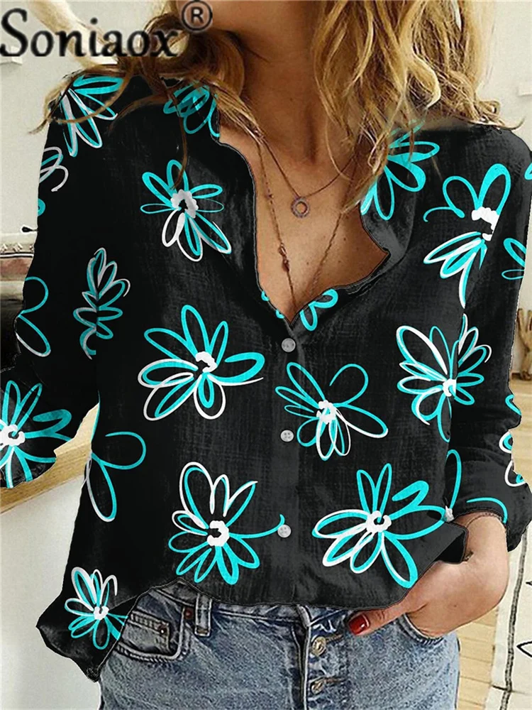 2021 Autumn Casual Long Sleeve Flowers Print Loose Shirt Women Oversized Cotton Linen Blouses Tops Vintage Streetwear Tunic Tees