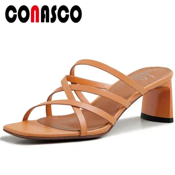 

CONASCO Fashion Sexy Rome Style 2020 Summer New Genuine Leather Women Sandals Slippers Pumps Cross-Tied High Heels Shoes Woman