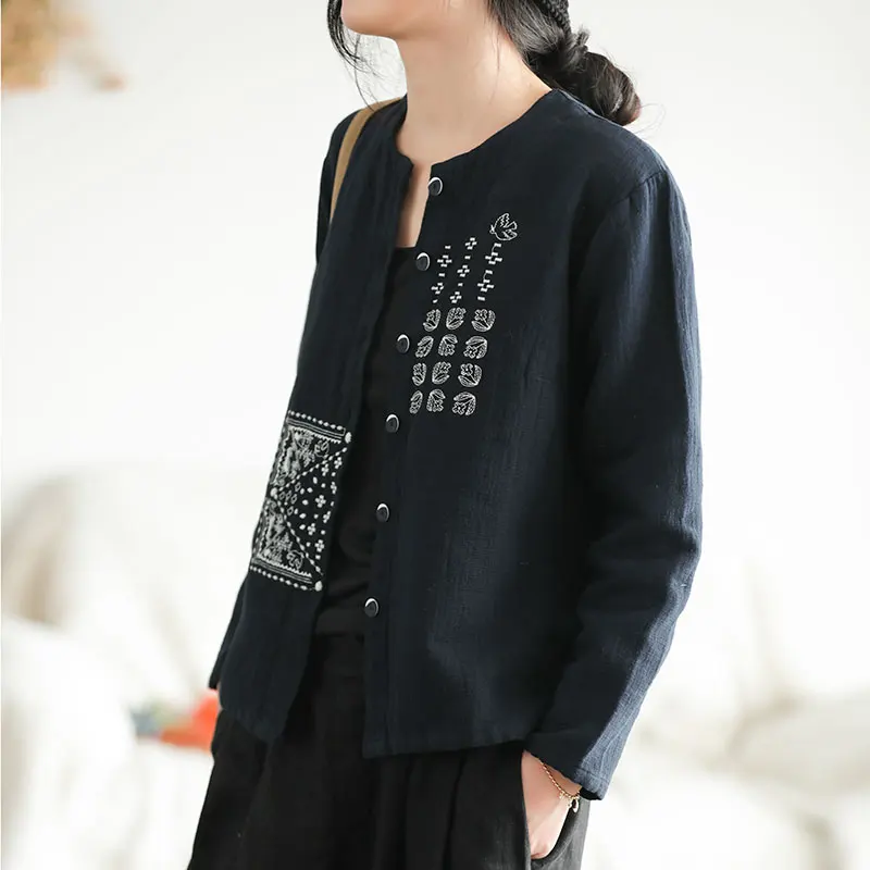 

Autumn Blouse Retro Casual Women Shirt 2019 New Tops O-Neck Long-sleeved Button Embroidery Geometric Slim-type Blouse