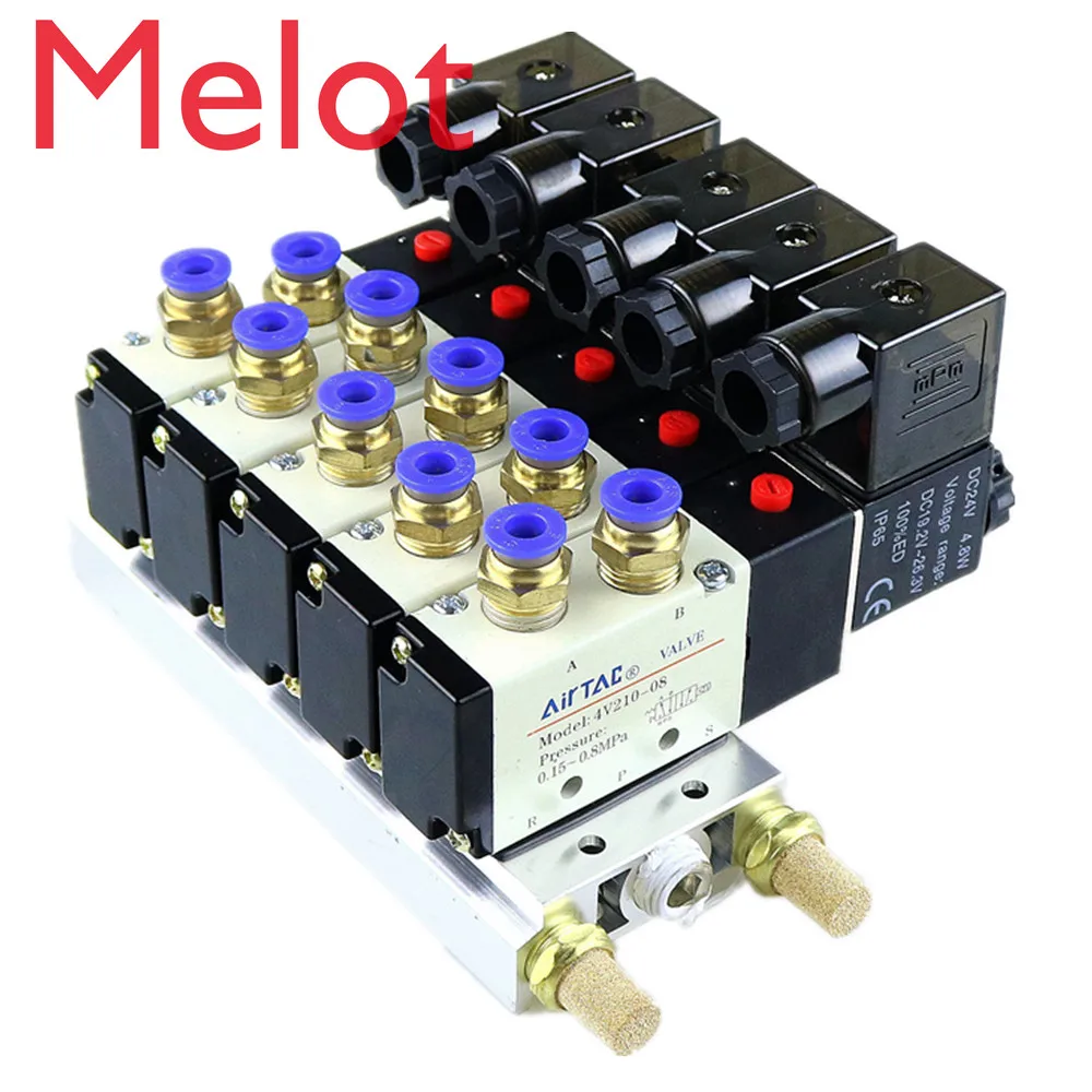 

4V210-08 DC 12V Quintuple Solenoid Valve 6mm Connectors Silencers Base Set 6-02