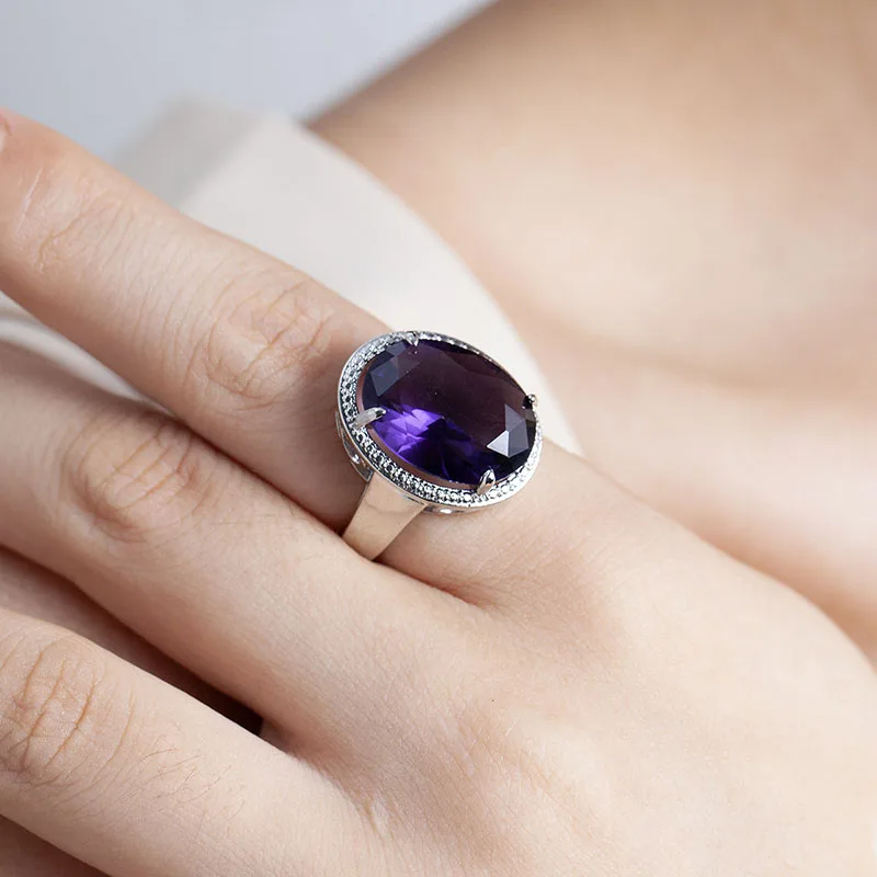 Cellacity 925 Silver Amethyst Rings with Oval Shaped Gemstones for Women Engagement Gift