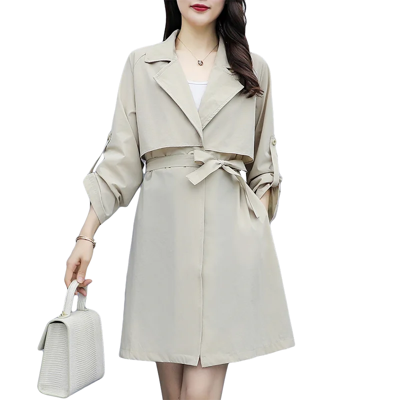 

2020 New Chic Women's Solid Windbreaker Spring Fall Korean Loose Oversize Slimming Coat British Trench Coat With Bowknot Belt