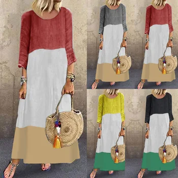 

Women's Autumn Color Stitching Long Sleeve Crew Neck Midi-Length Shirt Dresses