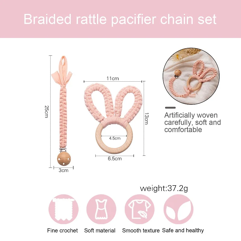 Baby Braided Rattle Pacifier Chain Set, Crochet Rabbit Gift