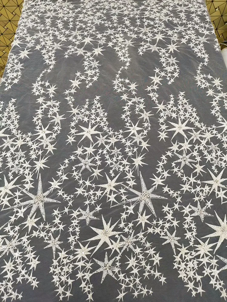 1PC French starfish Handmade Sewing beads Lace Fabric Embroidered Wedding dress Net fabric Fashion Evening Dresses Cloth Tissus