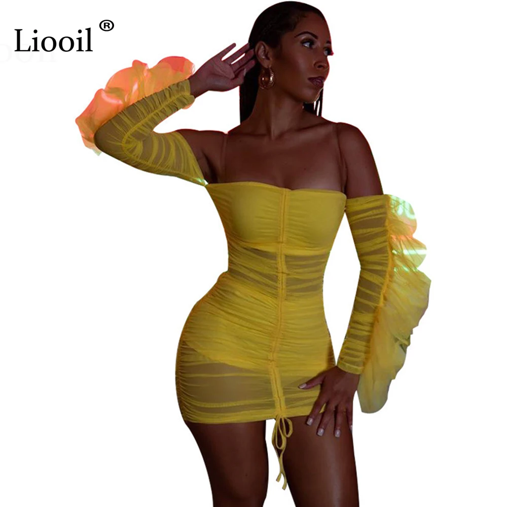 

Liooil Yellow Off Shoulder Mesh Sheer Bodycon Ruched Mini Dress Fall 2019 Long Sleeve Strapless Night Club Party Ruffle Dresses